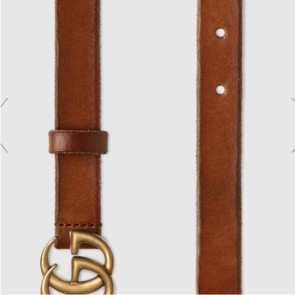 Gucci Faded Calfskin Leather Double G 20mm Thin Slim Brown Tan Gold Belt Size 75 - Picture 3 of 7